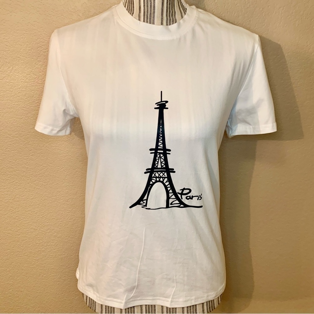 New SHEIN Paris Tee XS White Eiffel Tower Paris Black Print Short Sleeve Euro